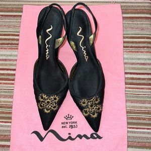 Nina Black Satin Jewelry Slingback Pumps with Gold Scrolled Heels (W/ Dust Bag)